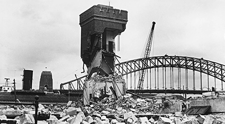 Demolition of the tram shed at Bennelong Point, Fairfax Media 30 December 1958. Fairfax Syndication FXJ171876 (c)