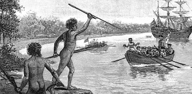 TC Two Dharawal men opposing Cook’s arrival at Kurnell. Wikimedia