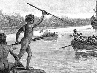 TC Two Dharawal men opposing Cook’s arrival at Kurnell. Wikimedia
